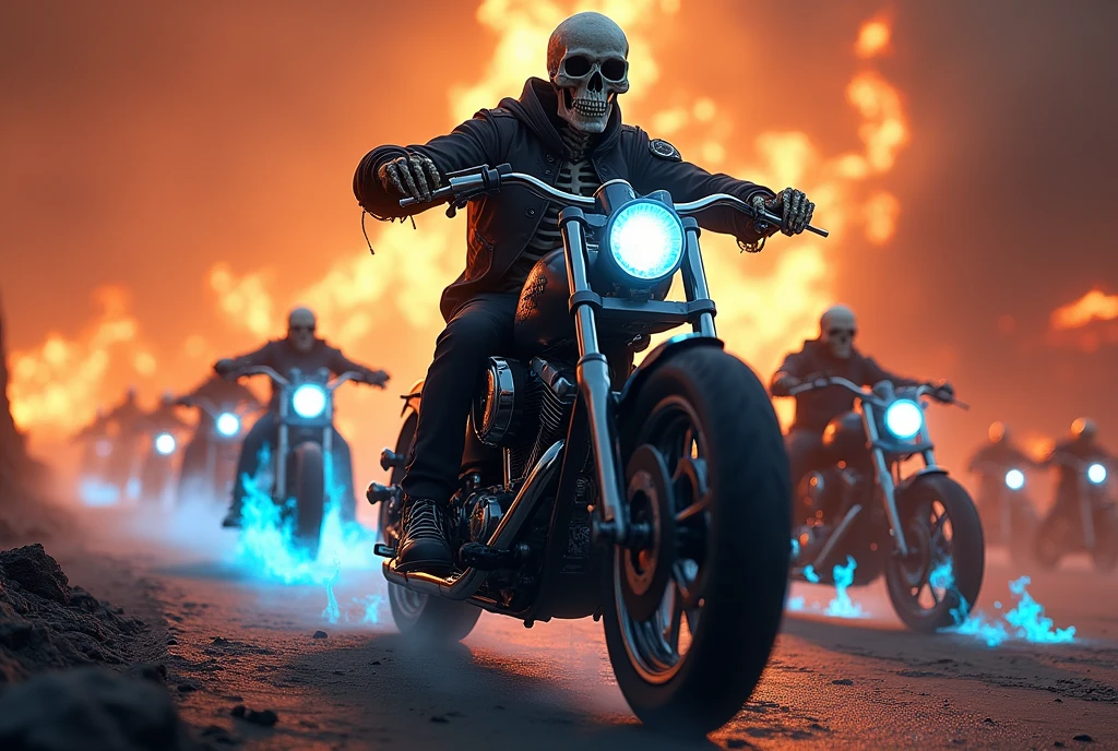 A skeleton riding a motorcycle with upturned handlebars is staring straight at me, scattering lots of blue flames.。There are lots of skeletons riding bikes in the back too.。The background is like hell with lava flowing.。