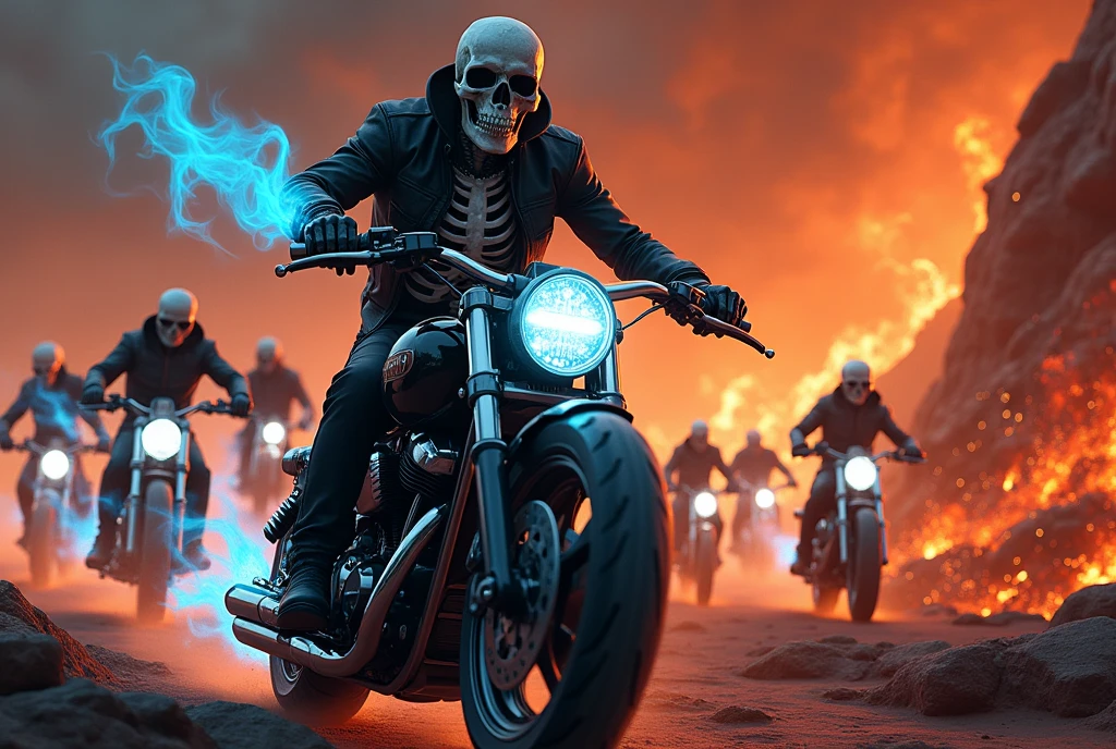 A skeleton riding a motorcycle with upturned handlebars is staring straight at me, scattering lots of blue flames.。There are lots of skeletons riding bikes in the back too.。The background is like hell with lava flowing.。