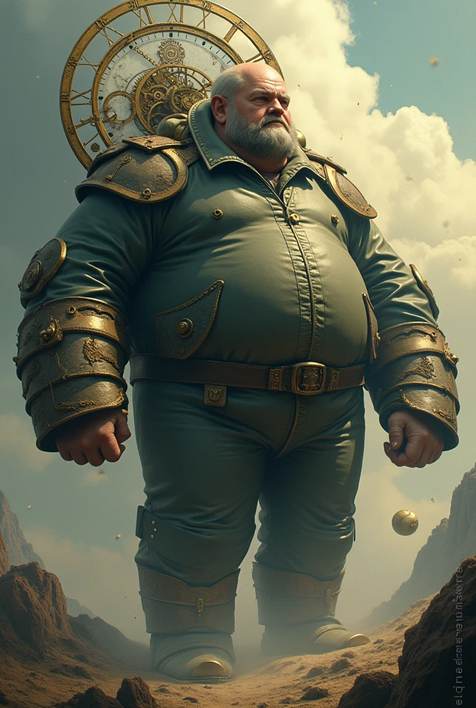 Fat man with the power to control time from a large floating clock on his back