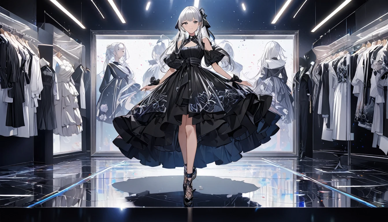 **242. One person。Fashion Designer Muse。Modern and stylish atelier。Full body shot or medium shot。  
masterpiece, best quality, ultra detailed (Detailed fingers), (Emotional), (Breathtakingly beautiful),  
(main part: 1.2 Whole body。), (Anime Style), (Very detailed), (Modern Fashion),  
(超High resolution, High resolution), (8k), (High resolution: 1.2), (Complex and beautiful: 1.2)**
- background: A modern and sophisticated fashion atelier、Torsoes and fabrics lined up。
- Muse: A girl in a trendy colorful dress、Designer&#39;s source of inspiration。
-pose: Posing in front of the mirror、The moment to check the design。
-expression: A confident smile、A symbol of the cutting edge of fashion。
- Effects: Fashion items floating around the muse、Create a futuristic atmosphere。
-color: Monochrome and colorful designs、Contrasts that represent contemporary style and creativity。
