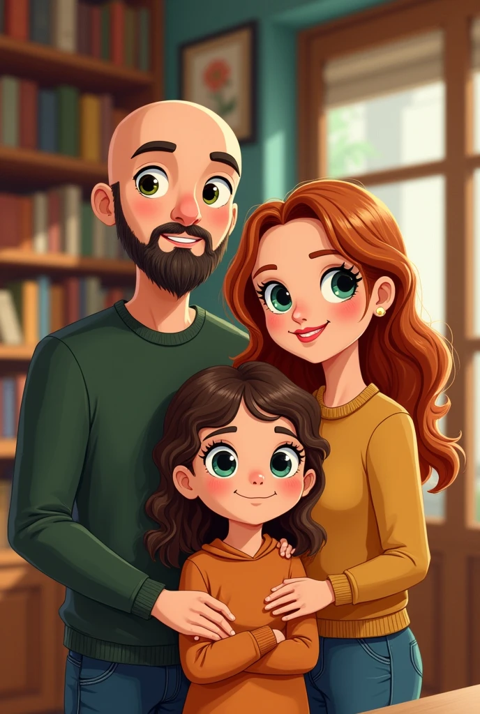 a family father: white male, 39 years old, Cao Cao, calvo, black beard, greeneyes
mãe: uma mulher white de 38, greeneyes com o cabelo castanho-acobreado, straight and without bangs parted in the middle daughter: an 18-year-old girl, white, greeneyes, curly blonde shoulder length hair illustration style, sticker, bookstore background