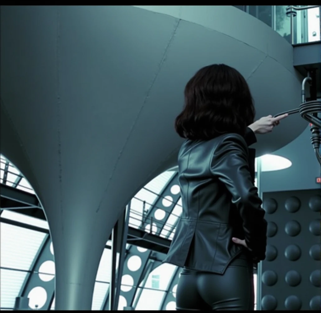 woman with her back to the camera, hand on hip pose, black cropped leather jacket, tight black leather pants, detailed ????, photorealistic, hyper detailed, 8k, realistic, chiaroscuro lighting, moody lighting, dramatic lighting, portrait photography style, cinematic, dark and gritty, high contrast, cool color tones