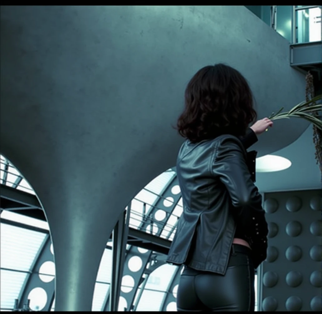 woman with her back to the camera, hand on hip pose, black cropped leather jacket, tight black leather pants, detailed butt, photorealistic, hyper detailed, 8k, realistic, chiaroscuro lighting, moody lighting, dramatic lighting, portrait photography style, cinematic, dark and gritty, high contrast, cool color tones