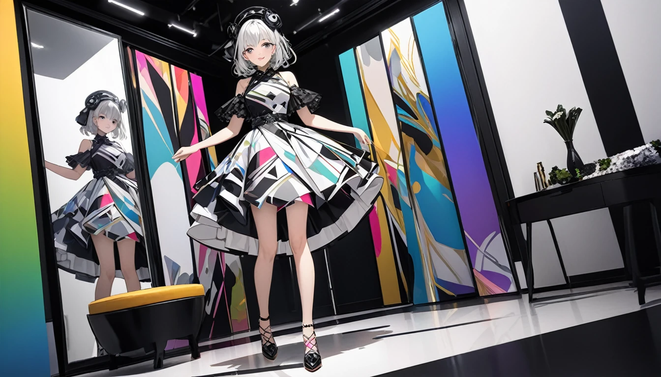 **242. One person。Fashion Designer Muse。Modern and stylish atelier。Full body shot or medium shot。
masterpiece, best quality, ultra detailed (Detailed fingers), (Emotional), (Breathtakingly beautiful),
(main part: 1.2 Whole body。), (Anime Style), (Very detailed), (Modern Fashion),
(超High resolution, High resolution), (8k), (High resolution: 1.2), (Complex and beautiful: 1.2)**
- background: A modern and sophisticated fashion atelier、Torsoes and fabrics lined up。
- Muse: A girl in a trendy colorful dress、Designer's source of inspiration。
-pose: Posing in front of the mirror、The moment to check the design。
-expression: A confident smile、A symbol of the cutting edge of fashion。
- Effects: Fashion items floating around the muse、Create a futuristic atmosphere。
-color: Monochrome and colorful designs、Contrasts that represent contemporary style and creativity。