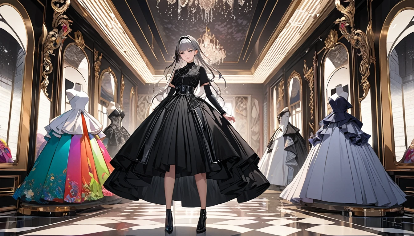 **242. One person。Fashion Designer Muse。Modern and stylish atelier。Full body shot or medium shot。
masterpiece, best quality, ultra detailed (Detailed fingers), (Emotional), (Breathtakingly beautiful),
(main part: 1.2 Whole body。), (Anime Style), (Very detailed), (Modern Fashion),
(超High resolution, High resolution), (8k), (High resolution: 1.2), (Complex and beautiful: 1.2)**
- background: A modern and sophisticated fashion atelier、Torsoes and fabrics lined up。
- Muse: A girl in a trendy colorful dress、Designer's source of inspiration。
-pose: Posing in front of the mirror、The moment to check the design。
-expression: A confident smile、A symbol of the cutting edge of fashion。
- Effects: Fashion items floating around the muse、Create a futuristic atmosphere。
-color: Monochrome and colorful designs、Contrasts that represent contemporary style and creativity。