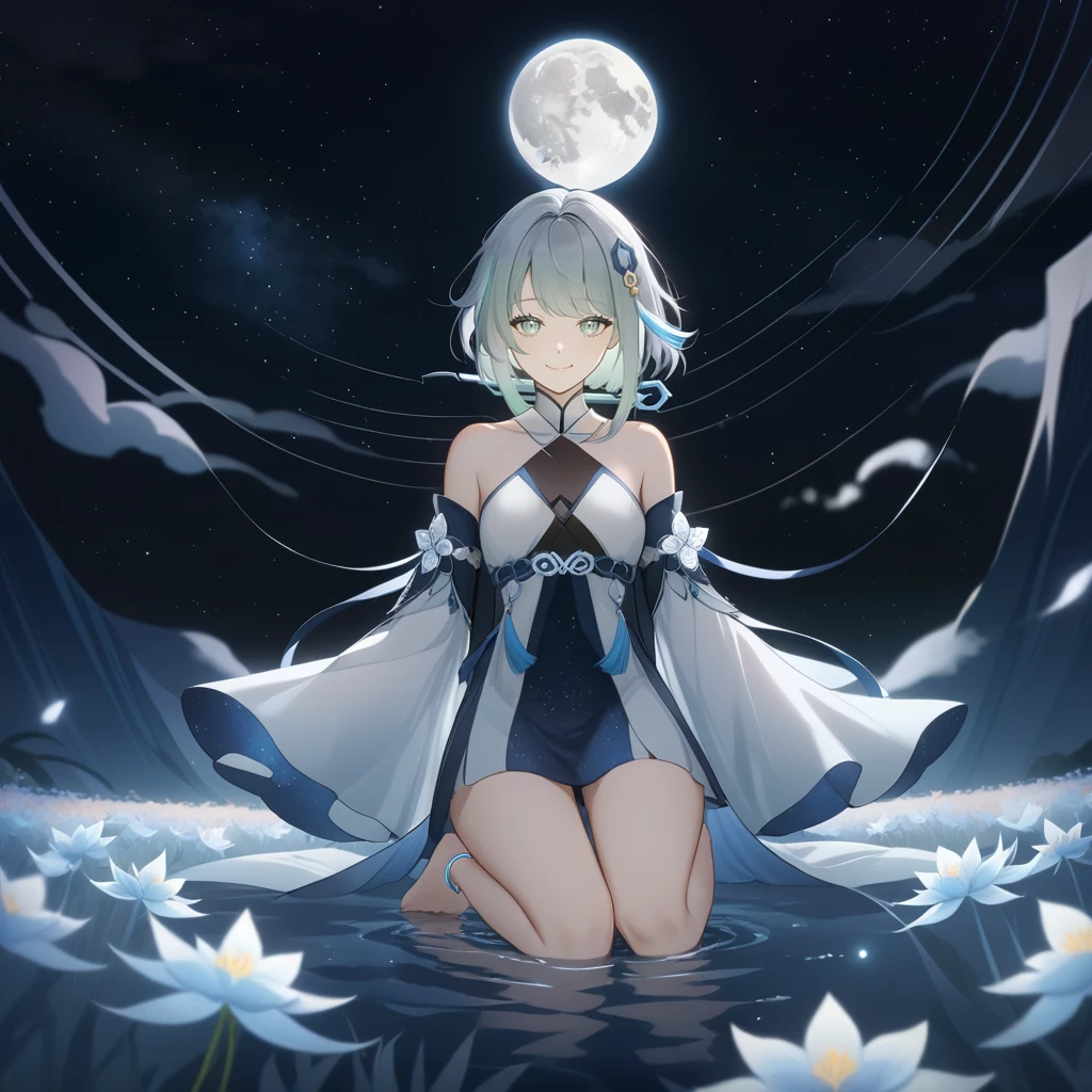 1girl, guizhong_\(genshin_impact\),light grey hair,short_hair_with_long_locks,starry_sky_print,detached_sleeves, long sleeves_past_fingers,hanfu,illustrated by matsuryuu and agahari and dsmile,pale blue eyes,stunning field of softly glowing blue and white glaze lilies,night scene,gentle smile,moonlight,glossy lips,vivid anime coloring,cel shading,smooth, soft dreamy focus,anklet,halter_top,white clothes,highly detailed,digital painting,field of flowers,bare_shoulders,wlop,barefoot,cool night tones, magical night scene,masterpiece, best quality, film, professional, 4k, highly detailed,Guardian nebula of rainbow light and silvery vapor,starry,cosmic,goddess,rich color,hdr,silver moon,
A woman shrouded in mystery, Stand gracefully on the endless shore, Surrounded by shimmering stardust, The bell Creates a faint glow in the haze. Her face, Full of expression and depth