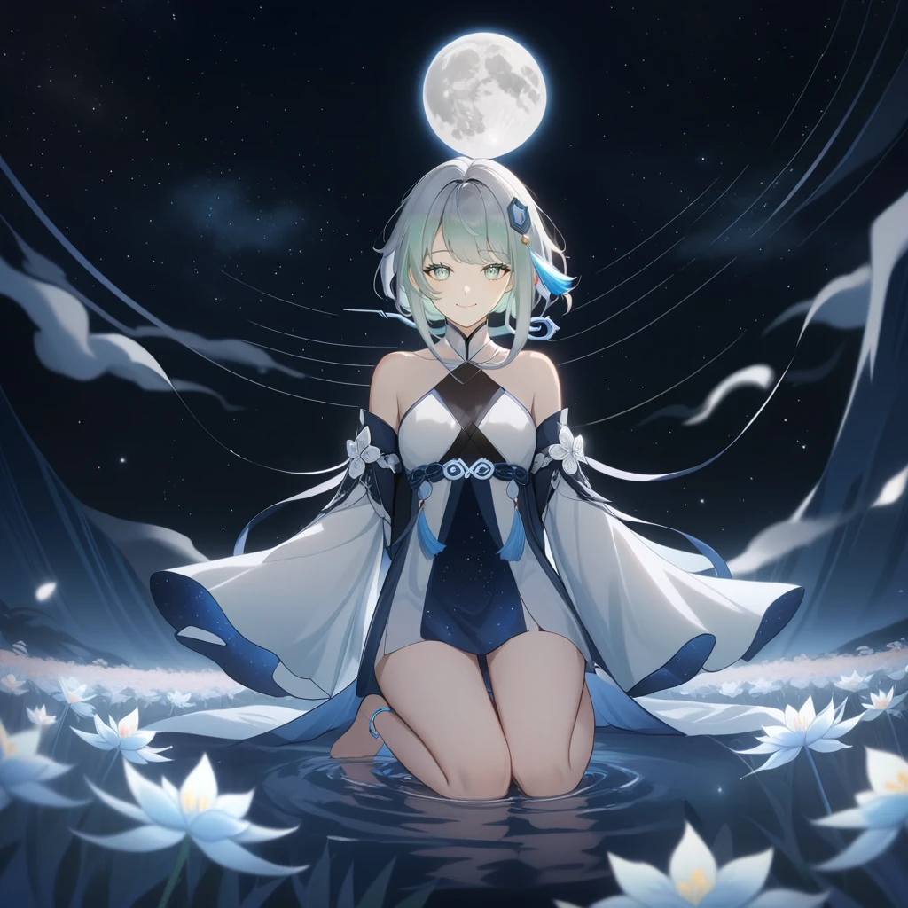 1girl, guizhong_\(genshin_impact\),light grey hair,short_hair_with_long_locks,starry_sky_print,detached_sleeves, long sleeves_past_fingers,hanfu,illustrated by matsuryuu and agahari and dsmile,pale blue eyes,stunning field of softly glowing blue and white glaze lilies,night scene,gentle smile,moonlight,glossy lips,vivid anime coloring,cel shading,smooth, soft dreamy focus,anklet,halter_top,white clothes,highly detailed,digital painting,field of flowers,bare_shoulders,wlop,barefoot,cool night tones, magical night scene,masterpiece, best quality, film, professional, 4k, highly detailed,Guardian nebula of rainbow light and silvery vapor,starry,cosmic,goddess,rich color,hdr,silver moon,

A woman shrouded in mystery, Stand gracefully on the endless shore, Surrounded by shimmering stardust, The bell Creates a faint glow in the haze. Her face, Full of expression and depth
