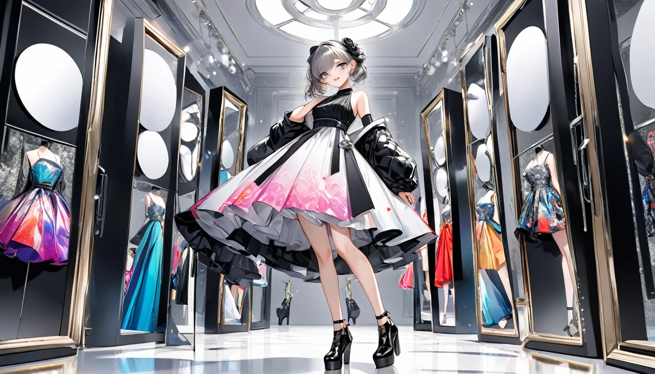 **242. One person。Fashion Designer Muse。Modern and stylish atelier。Full body shot or medium shot。
masterpiece, best quality, ultra detailed (Detailed fingers), (Emotional), (Breathtakingly beautiful),
(main part: 1.2 Whole body。), (Anime Style), (Very detailed), (Modern Fashion),
(超High resolution, High resolution), (8k), (High resolution: 1.2), (Complex and beautiful: 1.2)**
- background: A modern and sophisticated fashion atelier、Torsoes and fabrics lined up。
- Muse: A girl in a trendy colorful dress、Designer's source of inspiration。
-pose: Posing in front of the mirror、The moment to check the design。
-expression: A confident smile、A symbol of the cutting edge of fashion。
- Effects: Fashion items floating around the muse、Create a futuristic atmosphere。
-color: Monochrome and colorful designs、Contrasts that represent contemporary style and creativity。