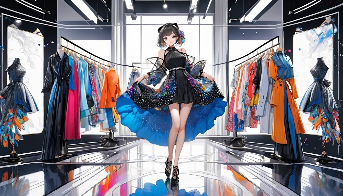 **242. One person。Fashion Designer Muse。Modern and stylish atelier。Full body shot or medium shot。
masterpiece, best quality, ultra detailed (Detailed fingers), (Emotional), (Breathtakingly beautiful),
(main part: 1.2 Whole body。), (Anime Style), (Very detailed), (Modern Fashion),
(超High resolution, High resolution), (8k), (High resolution: 1.2), (Complex and beautiful: 1.2)**
- background: A modern and sophisticated fashion atelier、Torsoes and fabrics lined up。
- Muse: A girl in a trendy colorful dress、Designer's source of inspiration。
-pose: Posing in front of the mirror、The moment to check the design。
-expression: A confident smile、A symbol of the cutting edge of fashion。
- Effects: Fashion items floating around the muse、Create a futuristic atmosphere。
-color: Monochrome and colorful designs、Contrasts that represent contemporary style and creativity。