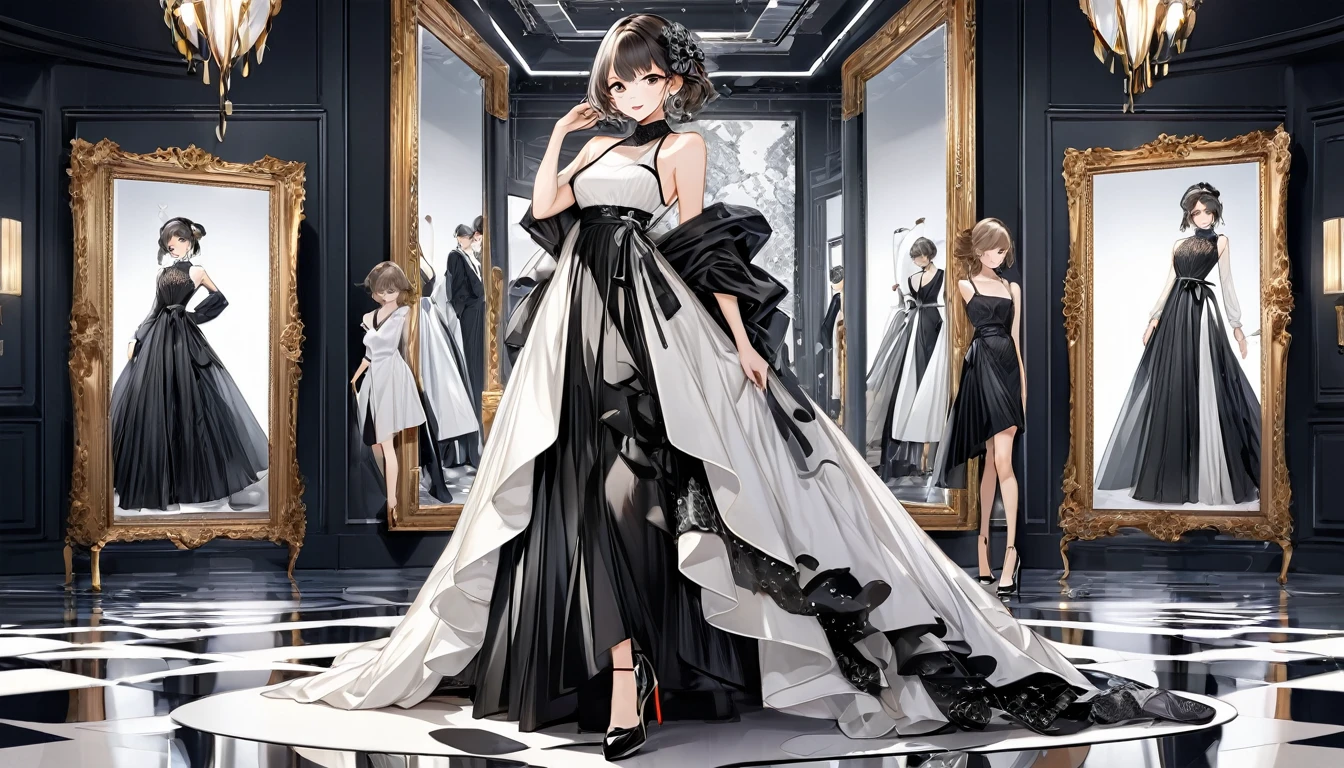 **242. One person。Fashion Designer Muse。Modern and stylish atelier。Full body shot or medium shot。
masterpiece, best quality, ultra detailed (Detailed fingers), (Emotional), (Breathtakingly beautiful),
(main part: 1.2 Whole body。), (Anime Style), (Very detailed), (Modern Fashion),
(超High resolution, High resolution), (8k), (High resolution: 1.2), (Complex and beautiful: 1.2)**
- background: A modern and sophisticated fashion atelier、Torsoes and fabrics lined up。
- Muse: A girl in a trendy colorful dress、Designer's source of inspiration。
-pose: Posing in front of the mirror、The moment to check the design。
-expression: A confident smile、A symbol of the cutting edge of fashion。
- Effects: Fashion items floating around the muse、Create a futuristic atmosphere。
-color: Monochrome and colorful designs、Contrasts that represent contemporary style and creativity。