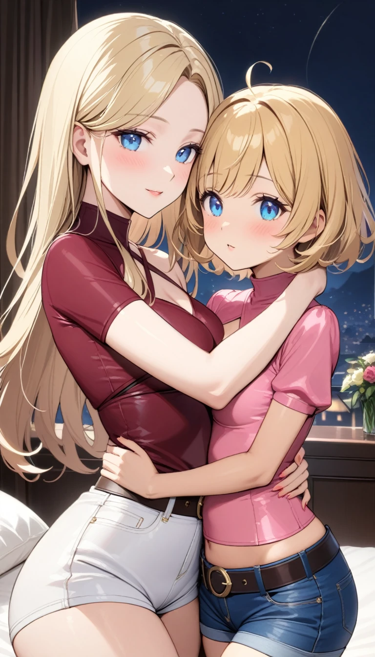 Two beautiful ladies ((lady 1: 35y old mom, with short straight blonde hair, lady 1 with blue eyes and caucasian skin, lady 1 wearing Tight Jeans and Leather Belt, lady 1 Sexy Criss Cross Mock Neck Short Sleeves Bright Pink Blouse)), ((lady 2: 13y old daughter, with short straight blonde hair, lady 2 with blue eyes and caucasian skin, lady 2 wearing Tight Jean Shorts and Leather Belt, lady 2 Sexy Criss Cross Mock Neck Short Sleeves Burgundy Blouse)), luxurious jewelry, 18k gold wedding ring on left hand, standing in their bedroom at night, hugging and kissing each other, (light brown lipstick), (elegant mascara), (slim body), (small breasts), (wide hips), endjourney, <lora:GoodHands-, <lora:GoodLegs-, UHD, high resolution, (expressive eyes, perfect face, full body, expressive face, perfect body, perfect pussy, athletic, fit, slim body, blushing, Perfect makeup, eyeliner, beautiful eyelashes, smiling, horny face), ((best illumination, best shadows)), ((sexy pose)), ((Front pov:1.1))