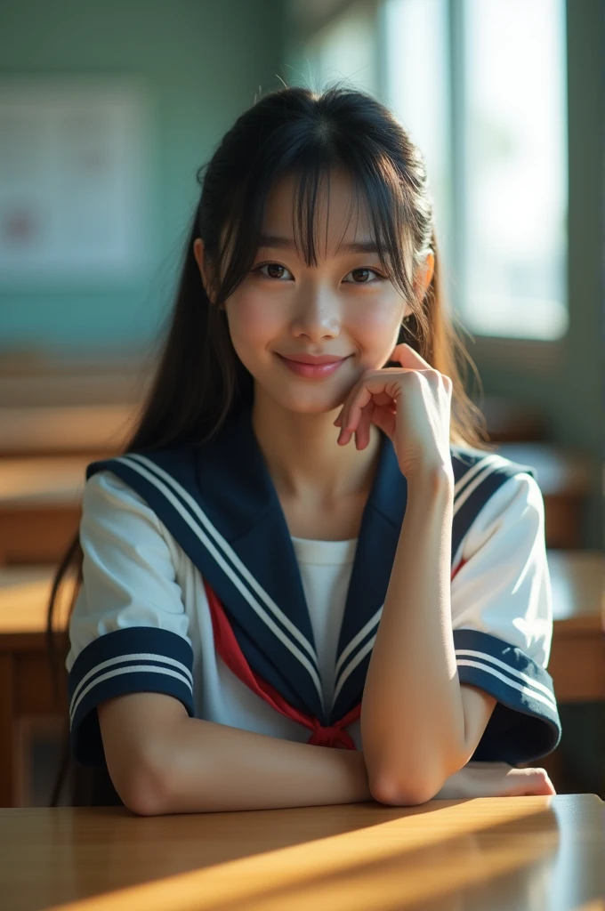 (8k, RAW Photos,Highest quality, High resolution:1.1), (Ultra-realistic:1.4),(Realistic, Realistic:1.3),The Beauty of Japan、((smile:1.3))、uniform、classroom、sitting on desk、Panty shot:2