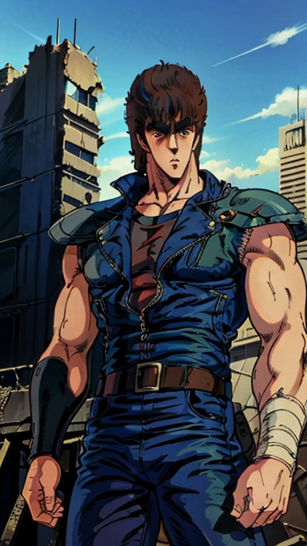 (Teens:1male: kenshiro-hokuto no ken), (extremely detailed CG unit 8k wallpaper),(master part), (best quality), (ultra detail), (best illustration),(post-apocalypic_fashion), cowboy shot, (Sharp eyeliner, ombre, detailed eyes:1), post- apocalypic abandoned building background, ,break , (HNKstyle), upper body, 