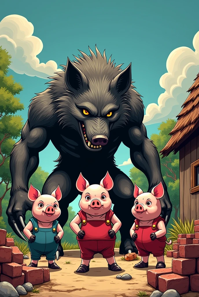 Make a comic book cover with 4 characters, including the 3 little pigs and a wolf