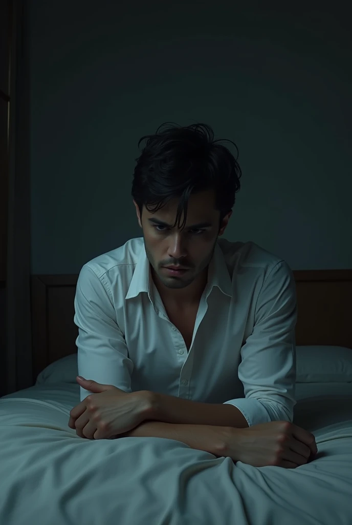 A man in a white shirt, sad eyes, inside of a bedroom, with a bed and a dark wall