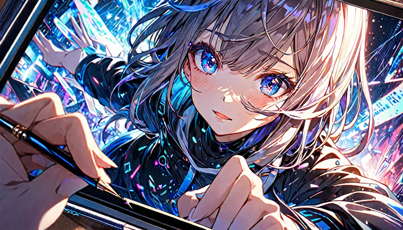**243. One person。The creative world of digital artists。Cyberspaceの中でのアート制作。Medium shot or close up。
masterpiece, best quality, ultra detailed (Detailed fingers), (Emotional), (Breathtakingly beautiful),
(main part: 1.2 Whole body。), (Anime Style), (Very detailed), (Digital Art),
(超High resolution, High resolution), (8k), (High resolution: 1.2), (Complex and beautiful: 1.2)**
- background: Cyberspace、A virtual space where code and digital patterns intersect。
- Artist: A girl using colorful digital tools、A pen tablet in hand。
-pose: The moment when a picture is drawn in the air with a digital pen、Data fragments floating around。
-expression: A concentrated and sharp expression、A posture filled with creative energy。
- Effects: The light emitted from the pen's trajectory、Effects that render digital artwork。
-color: Neon colors and digital blue、未来的なDigital Artの世界を象徴するコントラスト。