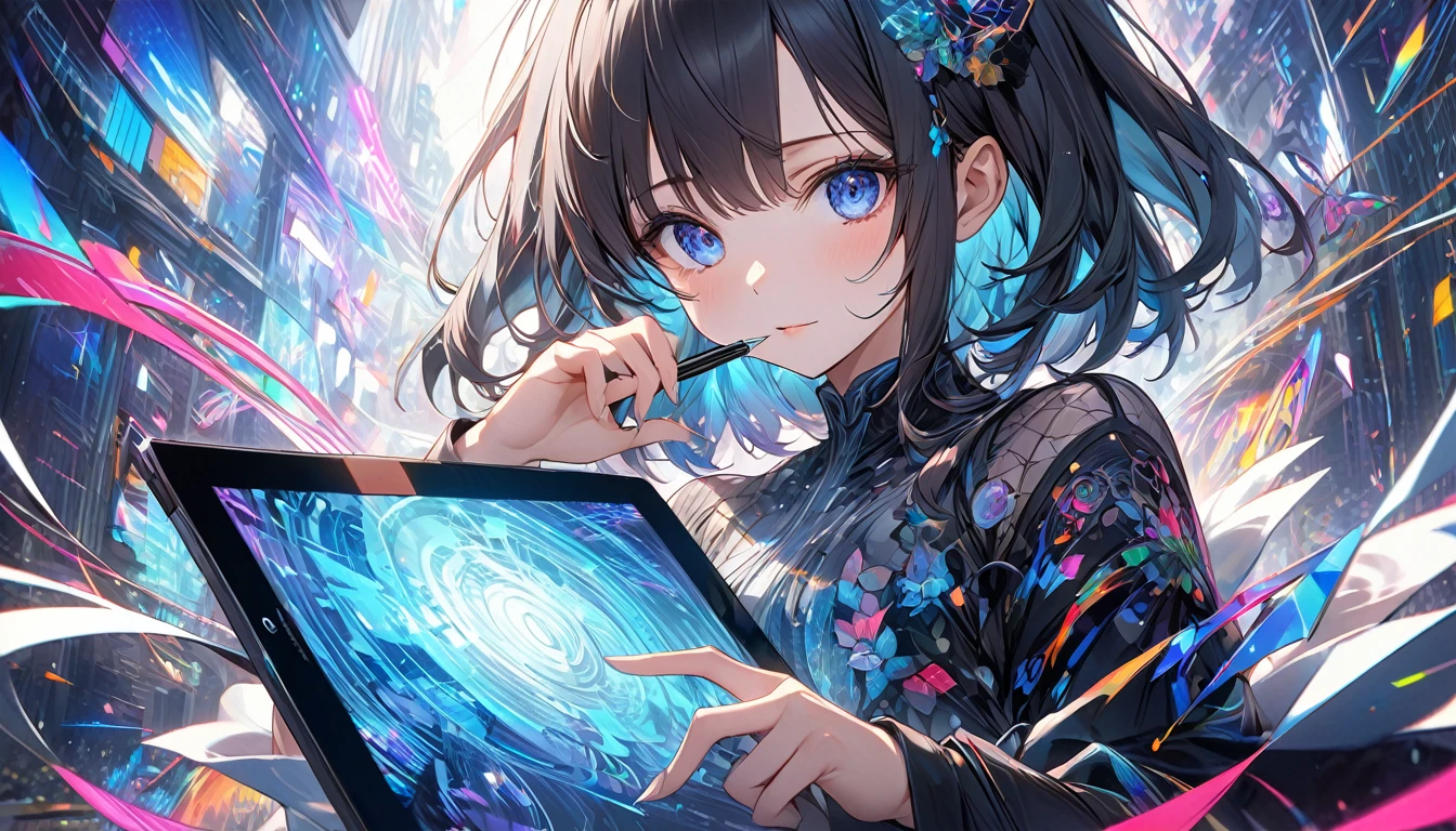 **243. One person。The creative world of digital artists。Cyberspaceの中でのアート制作。Medium shot or close up。  
masterpiece, best quality, ultra detailed (Detailed fingers), (Emotional), (Breathtakingly beautiful),  
(main part: 1.2 Whole body。), (Anime Style), (Very detailed), (Digital Art),  
(超High resolution, High resolution), (8k), (High resolution: 1.2), (Complex and beautiful: 1.2)**
- background: Cyberspace、A virtual space where code and digital patterns intersect。
- Artist: A girl using colorful digital tools、A pen tablet in hand。
-pose: The moment when a picture is drawn in the air with a digital pen、Data fragments floating around。
-expression: A concentrated and sharp expression、A posture filled with creative energy。
- Effects: The light emitted from the pen&#39;s trajectory、Effects that render digital artwork。
-color: Neon colors and digital blue、未来的なDigital Artの世界を象徴するコントラスト。
