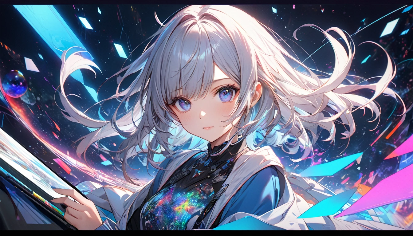 **243. One person。The creative world of digital artists。Cyberspaceの中でのアート制作。Medium shot or close up。  
masterpiece, best quality, ultra detailed (Detailed fingers), (Emotional), (Breathtakingly beautiful),  
(main part: 1.2 Whole body。), (Anime Style), (Very detailed), (Digital Art),  
(超High resolution, High resolution), (8k), (High resolution: 1.2), (Complex and beautiful: 1.2)**
- background: Cyberspace、A virtual space where code and digital patterns intersect。
- Artist: A girl using colorful digital tools、A pen tablet in hand。
-pose: The moment when a picture is drawn in the air with a digital pen、Data fragments floating around。
-expression: A concentrated and sharp expression、A posture filled with creative energy。
- Effects: The light emitted from the pen&#39;s trajectory、Effects that render digital artwork。
-color: Neon colors and digital blue、未来的なDigital Artの世界を象徴するコントラスト。
