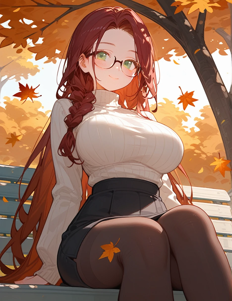 close up, (from below:0.4), autumn, score_9_up,score_8_up, 1girl, solo, green eyes, burgundy hair, braid, long hair, ((blush)), closed mouth, smile, big breast, pose, ((sitting)), (thin girl:1.2), (leaves), ((park)), glasses, turtleneck, black skirt, tights
