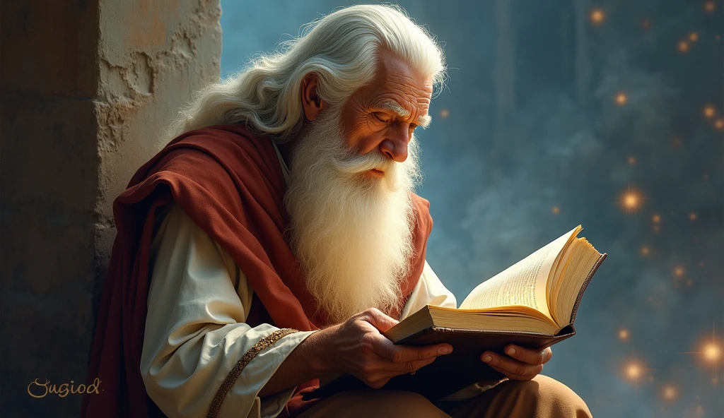 prophet Enoch, Man with white beard, age between 70 years,Reading Enqoue&#39;s book, with his heavenly visions, admiring spiritualism
