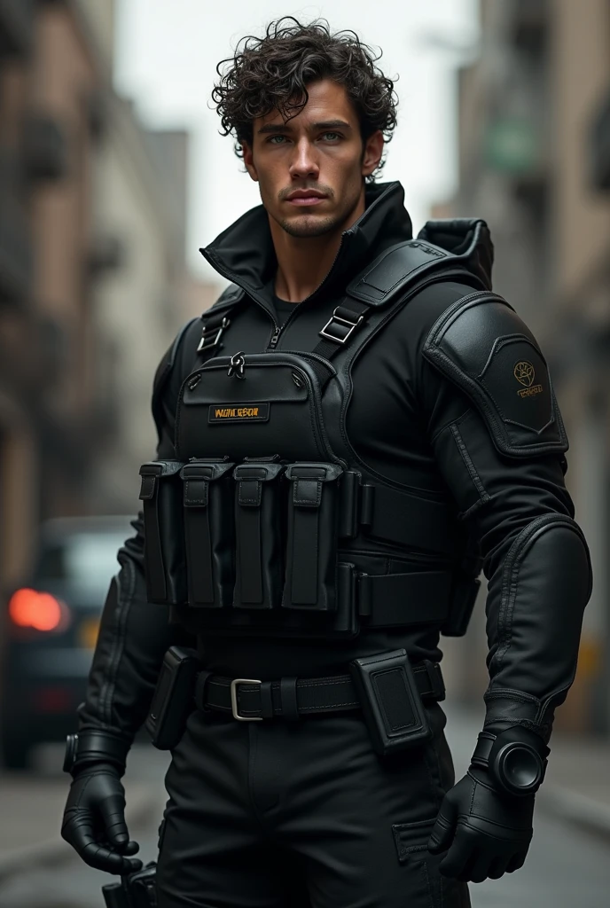Create the image of a 23-year-old white-skinned boy, black curly hair, green eyes, muscular, dressed in a black combat suit