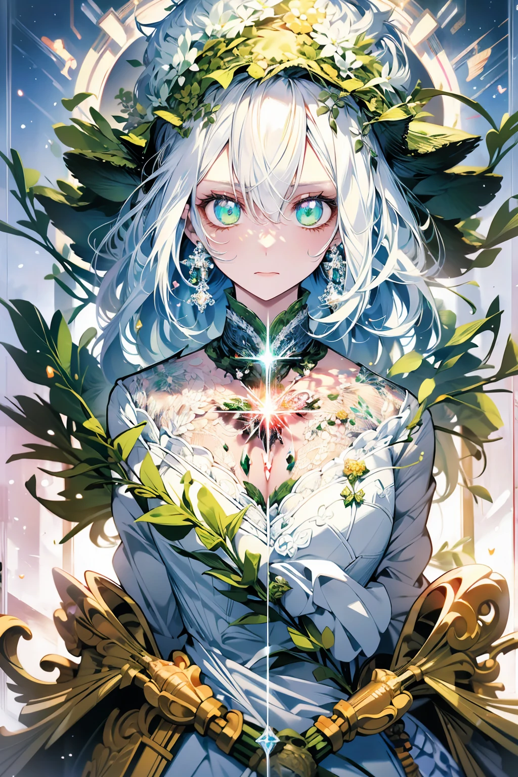 Photorealism arm70, against the backdrop of bright nature, white hair, green  eyes , macro photography, white hair, green eyes , opal earrings in the form of patterns and fractals with a heart, white hair, green eyes , with glitter, with glitter