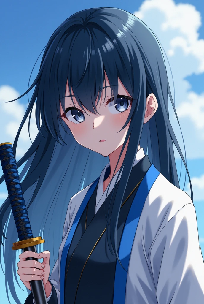 Kimetsu No Yaiba style anime woman with big gray eyes and long, straight navy blue hair. with a uniform of the demon hunting guild, a katana with a blue handle and a white haori with light blue edges