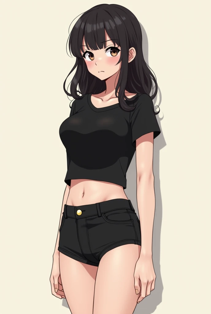 an animated drawing woman with bangs that cover her jaw and also long semi-wavy hair, perfect waist, her height 1.50 and tired eyes and a slight blush and big breasts with black clothes and shorts and black shoes