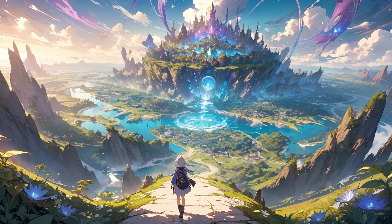 **244. One person。Explorer of another world。An adventurer walking through a fantastic landscape。Full body shot or medium shot。  
masterpiece, best quality, ultra detailed (Detailed fingers), (Emotional), (Breathtakingly beautiful),  
(main part: 1.2 Whole body。), (Anime Style), (Very detailed), (Otherworldly exploration),  
(超High resolution, High resolution), (8k), (High resolution: 1.2), (Complex and beautiful: 1.2)**
- background: Fantastic landscapes of another world、A road lined with floating islands and glowing plants。
- Explorer: A girl dressed in travel clothes、Hold a map and compass in your hand。
-pose: The moment you take a step forward to pave a new path。
-expression: Curious eyes and a determined expression、A spirit of adventure into the unknown。
- Effects: Particles of light floating around the explorer、Effects that emphasize the mystery of another world。
-color: Mysterious colors of blue and purple、A contrast that symbolizes a fantastical landscape from another world。
