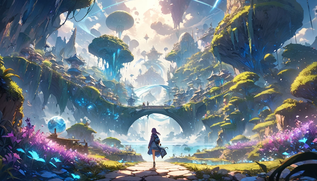 **244. One person。Explorer of another world。An adventurer walking through a fantastic landscape。Full body shot or medium shot。
masterpiece, best quality, ultra detailed (Detailed fingers), (Emotional), (Breathtakingly beautiful),
(main part: 1.2 Whole body。), (Anime Style), (Very detailed), (Otherworldly exploration),
(超High resolution, High resolution), (8k), (High resolution: 1.2), (Complex and beautiful: 1.2)**
- background: Fantastic landscapes of another world、A road lined with floating islands and glowing plants。
- Explorer: A girl dressed in travel clothes、Hold a map and compass in your hand。
-pose: The moment you take a step forward to pave a new path。
-expression: Curious eyes and a determined expression、A spirit of adventure into the unknown。
- Effects: Particles of light floating around the explorer、Effects that emphasize the mystery of another world。
-color: Mysterious colors of blue and purple、A contrast that symbolizes a fantastical landscape from another world。