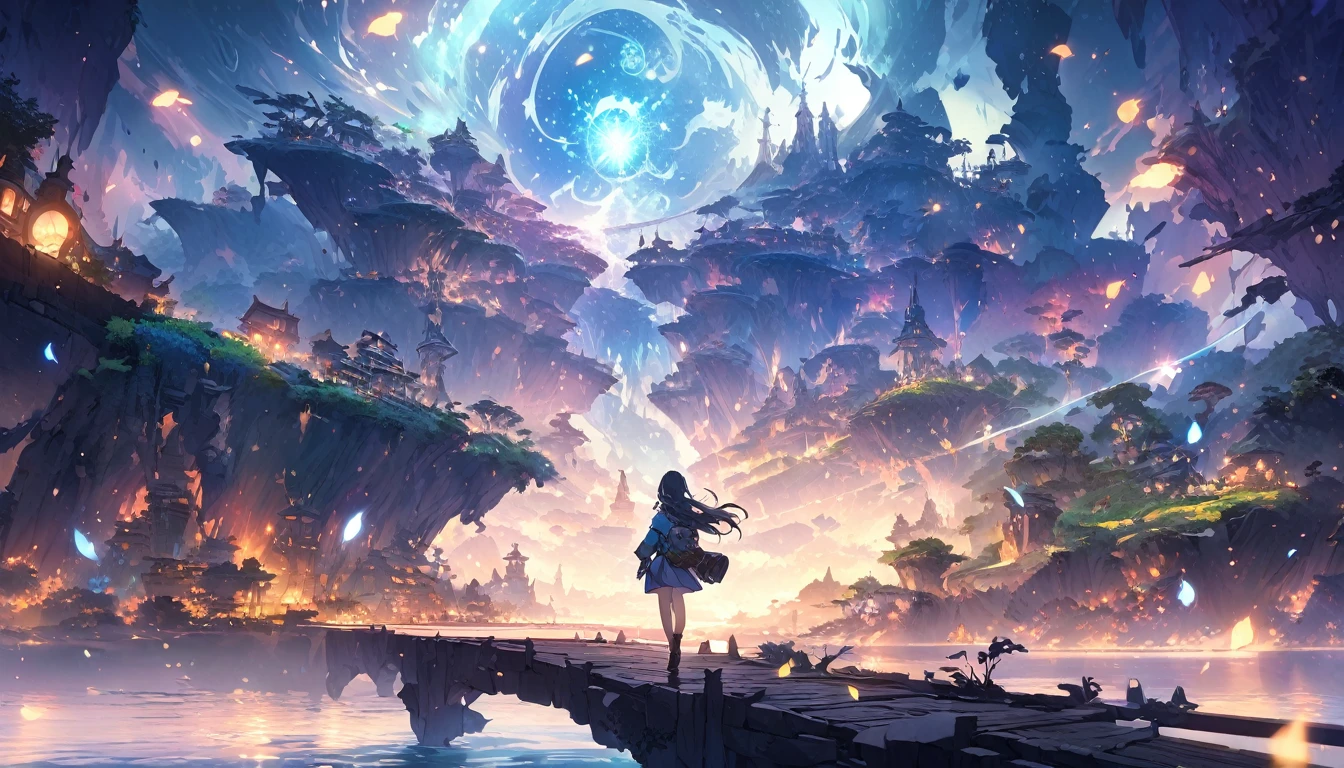 **244. One person。Explorer of another world。An adventurer walking through a fantastic landscape。Full body shot or medium shot。  
masterpiece, best quality, ultra detailed (Detailed fingers), (Emotional), (Breathtakingly beautiful),  
(main part: 1.2 Whole body。), (Anime Style), (Very detailed), (Otherworldly exploration),  
(超High resolution, High resolution), (8k), (High resolution: 1.2), (Complex and beautiful: 1.2)**
- background: Fantastic landscapes of another world、A road lined with floating islands and glowing plants。
- Explorer: A girl dressed in travel clothes、Hold a map and compass in your hand。
-pose: The moment you take a step forward to pave a new path。
-expression: Curious eyes and a determined expression、A spirit of adventure into the unknown。
- Effects: Particles of light floating around the explorer、Effects that emphasize the mystery of another world。
-color: Mysterious colors of blue and purple、A contrast that symbolizes a fantastical landscape from another world。
