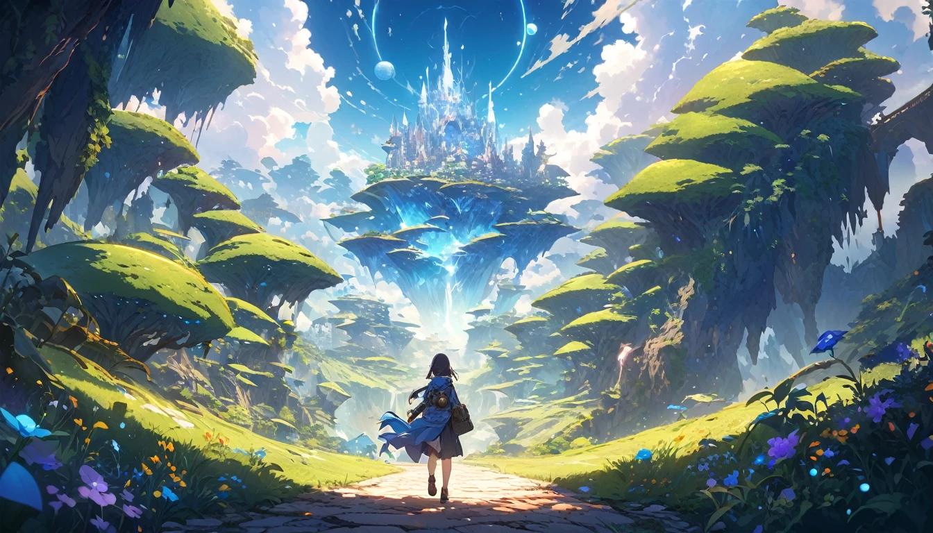 **244. One person。Explorer of another world。An adventurer walking through a fantastic landscape。Full body shot or medium shot。
masterpiece, best quality, ultra detailed (Detailed fingers), (Emotional), (Breathtakingly beautiful),
(main part: 1.2 Whole body。), (Anime Style), (Very detailed), (Otherworldly exploration),
(超High resolution, High resolution), (8k), (High resolution: 1.2), (Complex and beautiful: 1.2)**
- background: Fantastic landscapes of another world、A road lined with floating islands and glowing plants。
- Explorer: A girl dressed in travel clothes、Hold a map and compass in your hand。
-pose: The moment you take a step forward to pave a new path。
-expression: Curious eyes and a determined expression、A spirit of adventure into the unknown。
- Effects: Particles of light floating around the explorer、Effects that emphasize the mystery of another world。
-color: Mysterious colors of blue and purple、A contrast that symbolizes a fantastical landscape from another world。