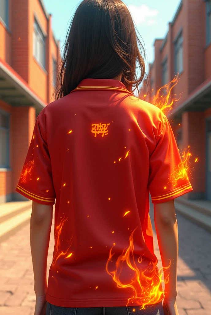 a red fire style school shirt 