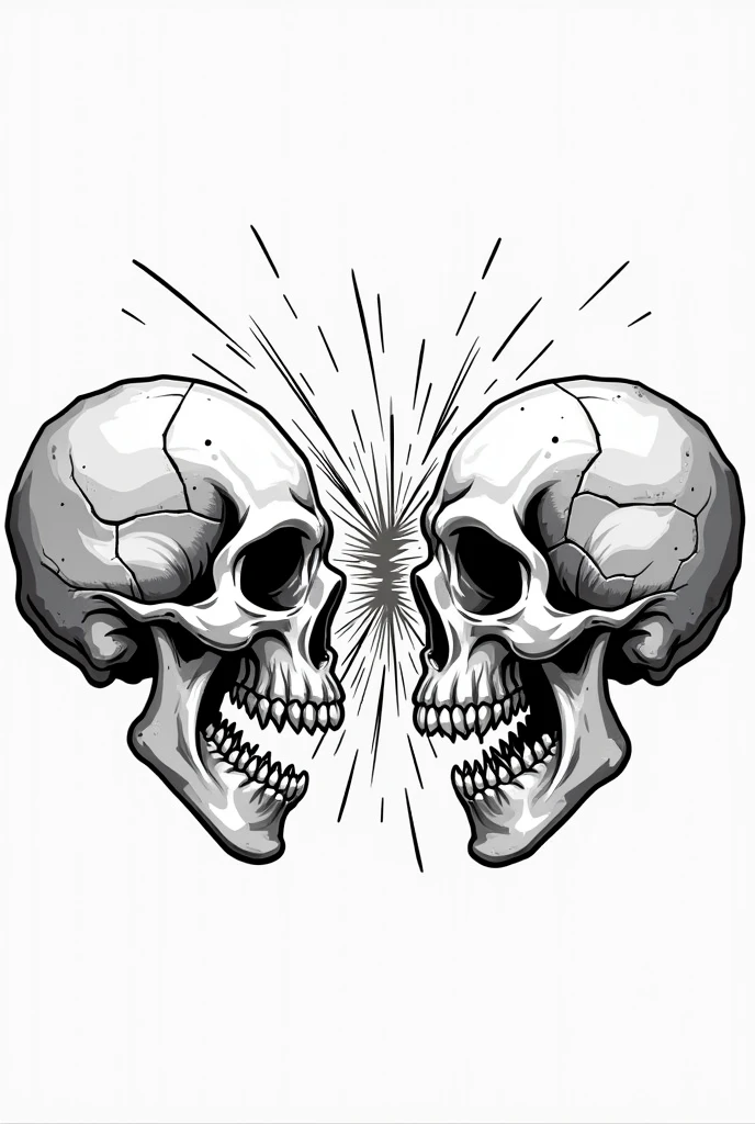 Two skulls crashing into each other head on and in the space between them they make the shape of an hourglass coloring page style