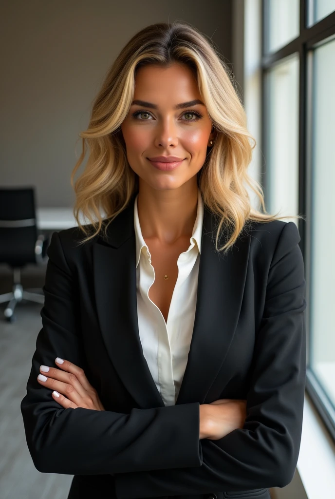 Beautiful blonde Latina woman in office suit, graphic designer style, important looking at the target, hyperrealistic, beautiful smile
