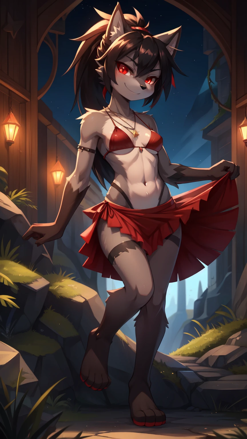 score_9,score_8_up,score_7_up, source_cartoon, source_furry, furry girl, wolf, black hair, punk hairstyle, huge long spiky ponytail, anime style, small breasts, red eyes, ((deep red bikini ruffled triangle, high cut bottom, star necklace, deep red sarong on hips)), high quality, detailed body, detailed eyes, detailed face, masterpiece, glistening body, detailed body fur, best quality, two tone body, gray fur, clear gray fur, perfect lighting, perfect shadows, perfect eyes, perfect hair, perfect face, gorgeous body, skinny, glowing red eyes, speed lines, motion blur, solo, smirk, fantasy background, full body, feets with three toes, 3 toes,