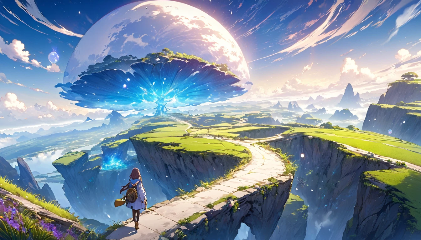 **244. One person。Explorer of another world。An adventurer walking through a fantastic landscape。Full body shot or medium shot。
masterpiece, best quality, ultra detailed (Detailed fingers), (Emotional), (Breathtakingly beautiful),
(main part: 1.2 Whole body。), (Anime Style), (Very detailed), (Otherworldly exploration),
(超High resolution, High resolution), (8k), (High resolution: 1.2), (Complex and beautiful: 1.2)**
- background: Fantastic landscapes of another world、A road lined with floating islands and glowing plants。
- Explorer: A girl dressed in travel clothes、Hold a map and compass in your hand。
-pose: The moment you take a step forward to pave a new path。
-expression: Curious eyes and a determined expression、A spirit of adventure into the unknown。
- Effects: Particles of light floating around the explorer、Effects that emphasize the mystery of another world。
-color: Mysterious colors of blue and purple、A contrast that symbolizes a fantastical landscape from another world。