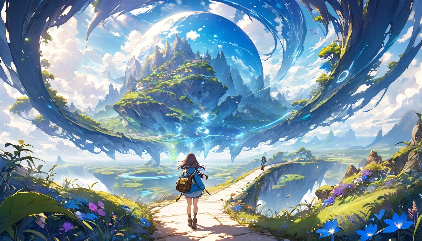**244. One person。Explorer of another world。An adventurer walking through a fantastic landscape。Full body shot or medium shot。
masterpiece, best quality, ultra detailed (Detailed fingers), (Emotional), (Breathtakingly beautiful),
(main part: 1.2 Whole body。), (Anime Style), (Very detailed), (Otherworldly exploration),
(超High resolution, High resolution), (8k), (High resolution: 1.2), (Complex and beautiful: 1.2)**
- background: Fantastic landscapes of another world、A road lined with floating islands and glowing plants。
- Explorer: A girl dressed in travel clothes、Hold a map and compass in your hand。
-pose: The moment you take a step forward to pave a new path。
-expression: Curious eyes and a determined expression、A spirit of adventure into the unknown。
- Effects: Particles of light floating around the explorer、Effects that emphasize the mystery of another world。
-color: Mysterious colors of blue and purple、A contrast that symbolizes a fantastical landscape from another world。
