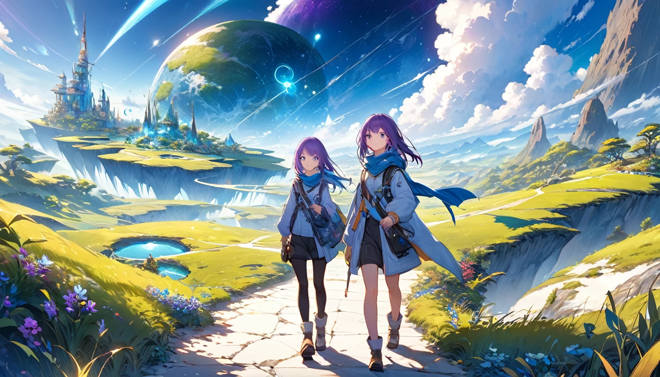 **244. One person。Explorer of another world。An adventurer walking through a fantastic landscape。Full body shot or medium shot。  
masterpiece, best quality, ultra detailed (Detailed fingers), (Emotional), (Breathtakingly beautiful),  
(main part: 1.2 Whole body。), (Anime Style), (Very detailed), (Otherworldly exploration),  
(超High resolution, High resolution), (8k), (High resolution: 1.2), (Complex and beautiful: 1.2)**
- background: Fantastic landscapes of another world、A road lined with floating islands and glowing plants。
- Explorer: A girl dressed in travel clothes、Hold a map and compass in your hand。
-pose: The moment you take a step forward to pave a new path。
-expression: Curious eyes and a determined expression、A spirit of adventure into the unknown。
- Effects: Particles of light floating around the explorer、Effects that emphasize the mystery of another world。
-color: Mysterious colors of blue and purple、A contrast that symbolizes a fantastical landscape from another world。
