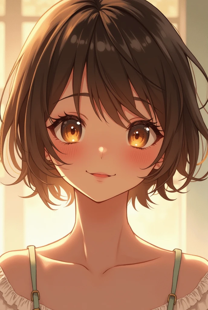 Create an image of a girl with short brown hair and honey-colored eyes, pink lips and light anime-style tan.