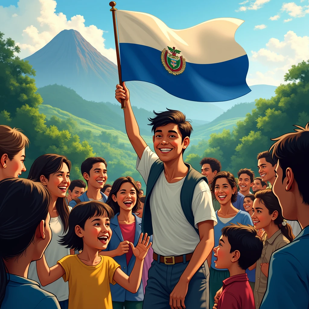 CREATE AN ILLUSTRATION WITH HAPPY PEOPLE, ONE OF THEM CARRIES A BLUE AND WHITE FLAG WHICH IS THE FLAG OF THE COUNTRY EL SALVADOR (DO NOT PLACE LOGO), AND IN THE BACKGROUND HE PLACES FOREST VALLEYS WITH VOLCANOES