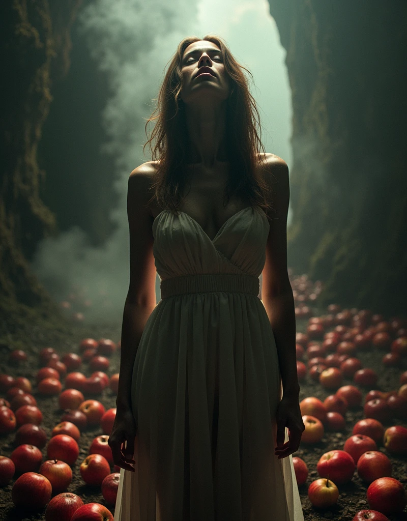 Large format 8k quality photo of a woman in heaven that has turned into hell with rotten apples,dramatic lighting,shot on ARRI ALEXA 65 with 50mm lens