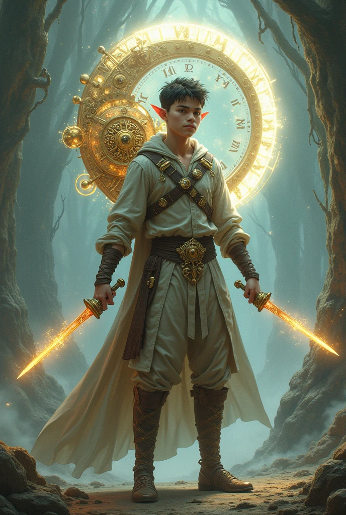Young man in elf clothing and powers to control time from a large floating clock on his back. In his hands he holds two pointers in the form of swords
