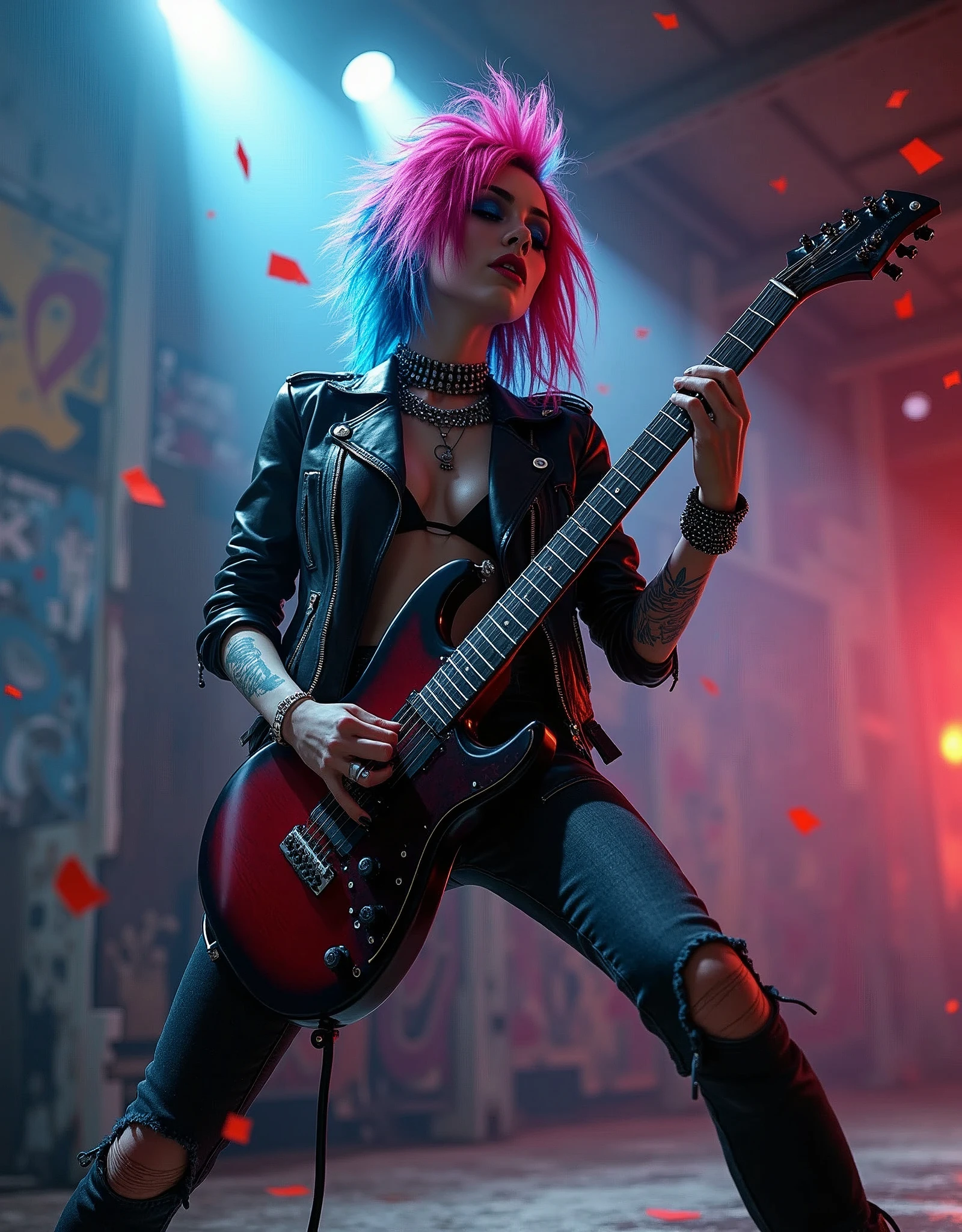 Adult "Singer" sunset nsfw (hyper realista:1.4), (insanrealista:1.3) Unparelleled Female (bright colors:1.2,high-res,masterpiece:1.2) Punk rocker girl with a rebellious attitude, vibrant pink and blue hair, dark smoky eye makeup, and studded leather jacket. [Grunge] [Raw energy] [Outfit: ripped jeans, combat boots] [Tattoos: colorful sleeve] [Attitude: confident, fierce] [Background: graffiti-covered wall, abandoned warehouse] [Stage presence: dynamic] [Music: blasting rock music] [Lighting: dramatic spotlight] [Dystopian vibes] [Electric guitar] [Spiked choker necklace] [Smoke effects] [Lip piercing] [Tattooed arms] [Confetti] [Crowd: cheering, moshing] [Dynamic poses] [Excitement: electricity in the air] [Punk rock attitude],(insane unrealengine5,epic tMasterpiece,max best quality, ultra-highdef XT3 ultra-highres),ultra-detailed,ultra sharp focus, naked, varies,multi, etc. --v 6 --s 1000 --c 20 --q 500 --chaos 100