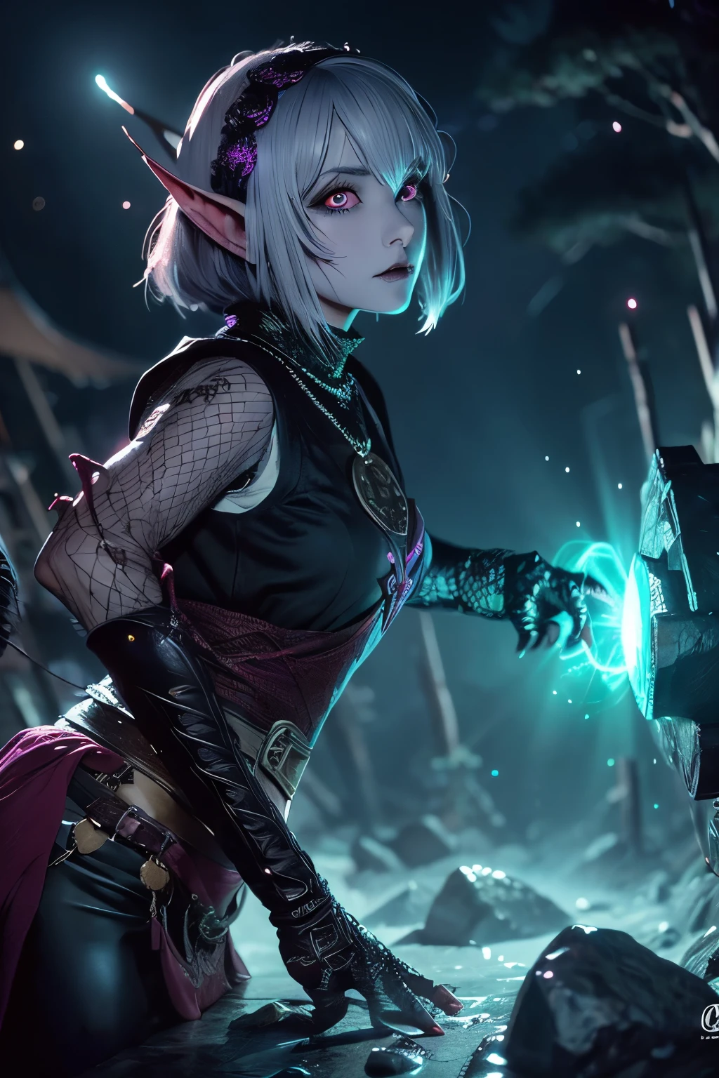 (Ultra-detailed face, looking away, Fantasy Illustration with Gothic, Ukiyo-e, Comic Art, Rich colors), 
BREAK 
(Medieval Norse world, storms, thunderstorms, thick fog, rough seas, sheer cliffs, port towns, dragon legends, dragon zombies, dragon skeletons, dracolich), 
BREAK 
(DarkElves: A middle-aged dark elf woman with silver color hair, blunt bangs, bob cut and dark purple color skin, lavender color eyes), 
BREAK 
(Dark elf female dragon hunter wears a beaded amulet woven into her hair, a ruffled blouse with pink ornaments, an embroidered red vest, leather trousers and knee-high brown boots.), 
BREAK 
(A female dark elf dragon hunter, drenched from the rain, climbs the steeply sloping stone walls of the harbor breakwater in a daring pose.), 
BREAK 
(AshenHost: In the background, a huge black-boned dragon zombie with a black-purple aura can be seen, illuminated by lightning in the storm-ravaged sea. parabolic effect)