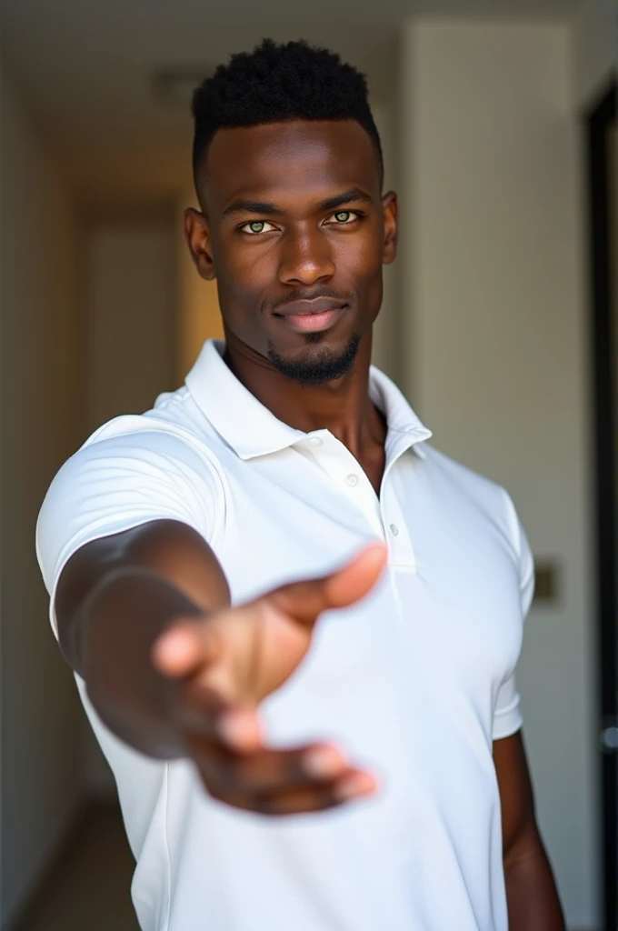 black male, sleeve-style, age 25, charismatic but serious look, little smile, very muscular, greeneyes, shorth hair, hand extended as if to grab someone, white polo shirt, image from the waist up, clean background like the entrance of an apartment