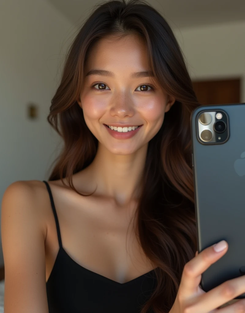 
"She is a tall and slender girl., With a height of 1.70m. Her hair is long, straight brown and shiny, that falls softly on your shoulders. Has a fair and smooth complexion, with delicate features and a charming smile. His eyes are large and expressive, with an intense color and a deep look. His body is slim and stylized, with long legs and a narrow waist. Despite its beauty, She has an air of simplicity and naturalness that makes her even more attractive.. She is an elegant and feminine girl, who attracts attention with her grace and elegance selfie with a black three-camera iPhone is dressed in a very elegant black short dress 