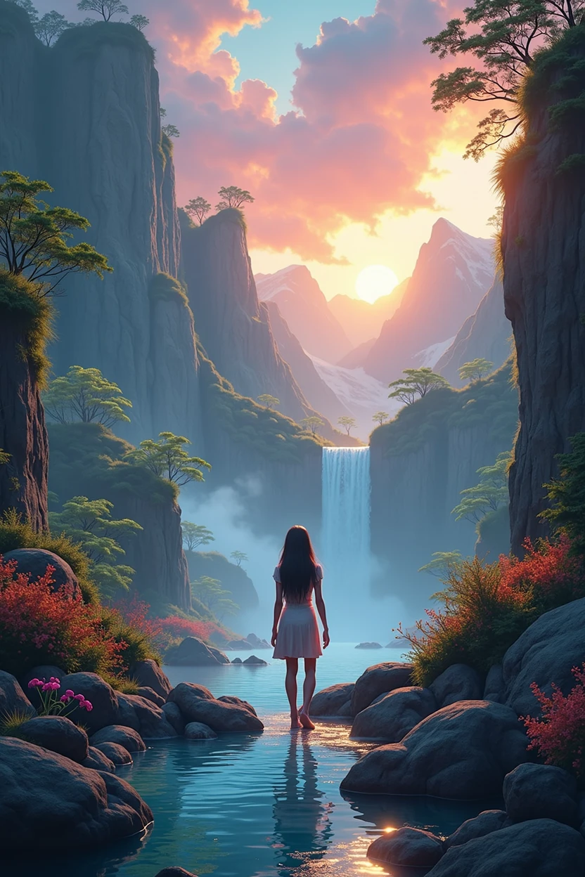 Waterfall of liquid gold flowing and a garden of orchids of various colors on the side and a pomba gira spirit with loose black hair, skin fair, red lipstick and black dress in the garden