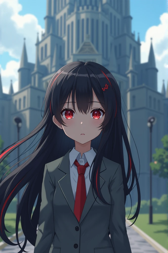Boku Academy background young girl this long black hair with red streaks big red eyes looking at said institution in a fearful way gray jacket red tie