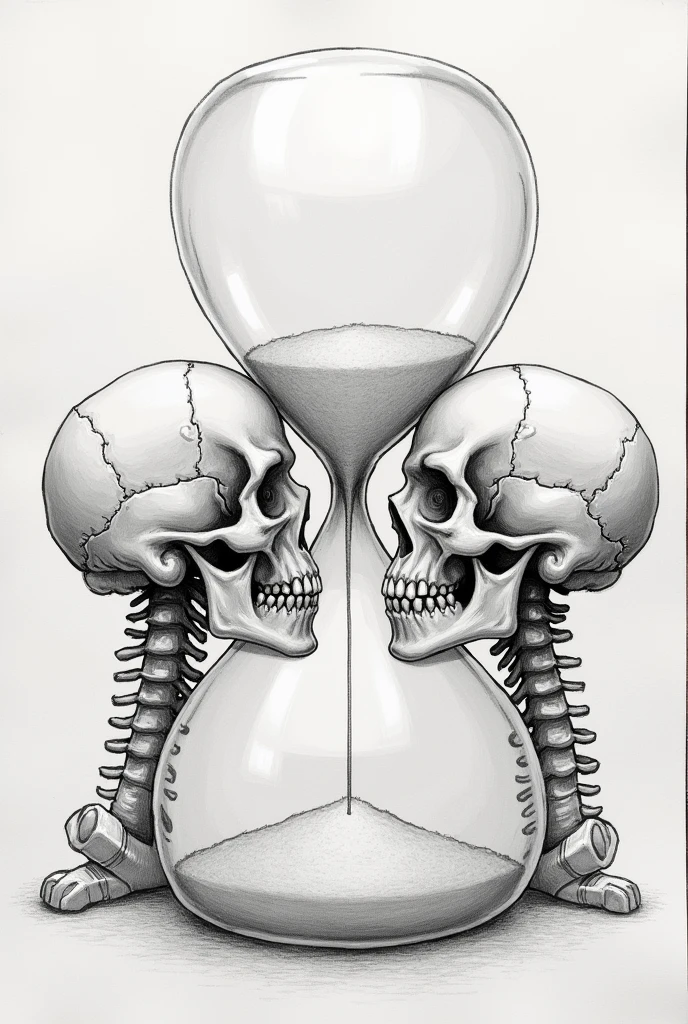 Two skulls together facing each other and in the space between them make the shape of an hourglass coloring drawing style 
